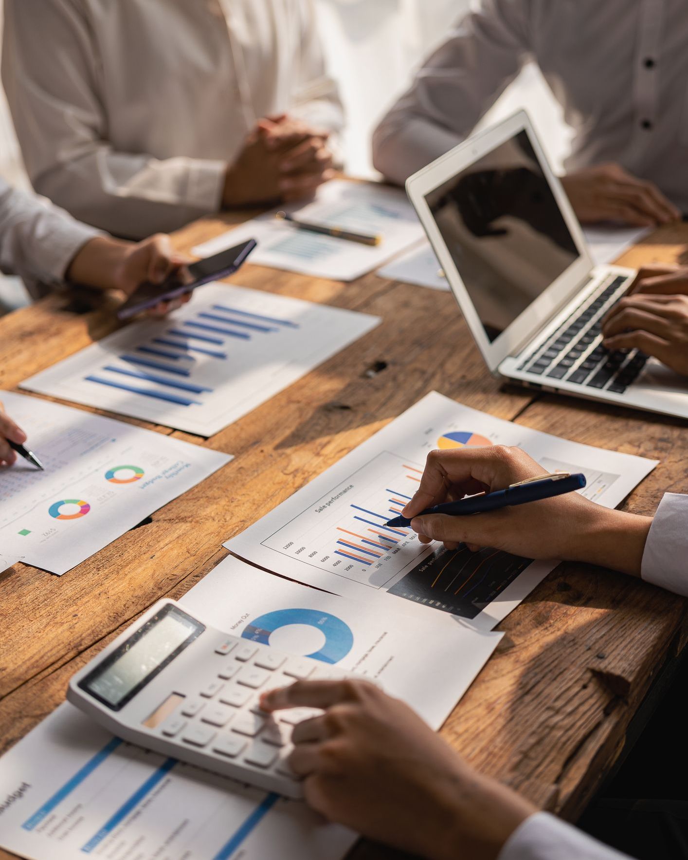 Meeting income charts and graphs with a laptop computer, business analysis and strategy ideas, meeting with business consultants and discussing financial situations in the vertical. Close-up image